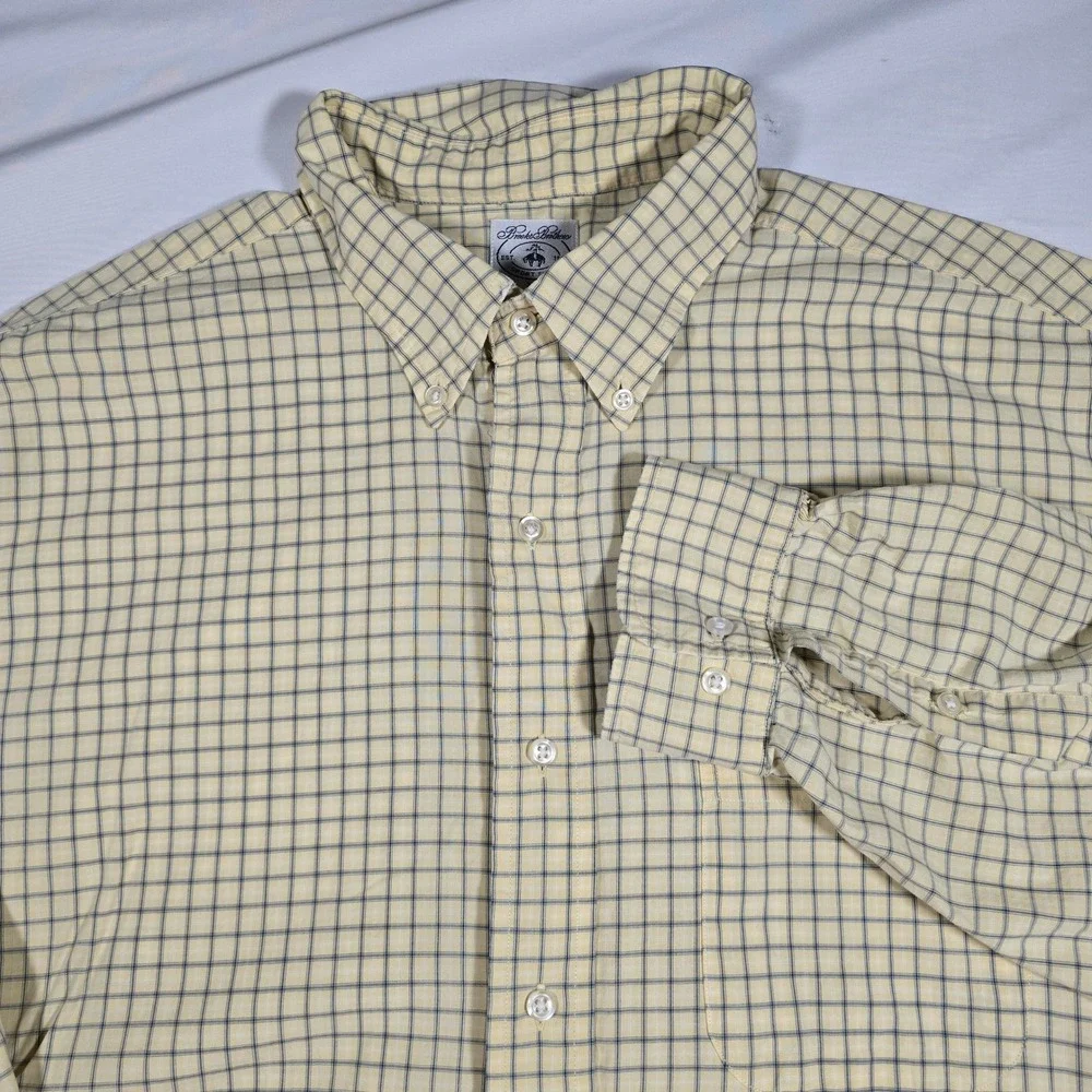 Brooks Brothers Mens XL Sport Shirt Yellow Blue Plaid‎ Cotton Button Down